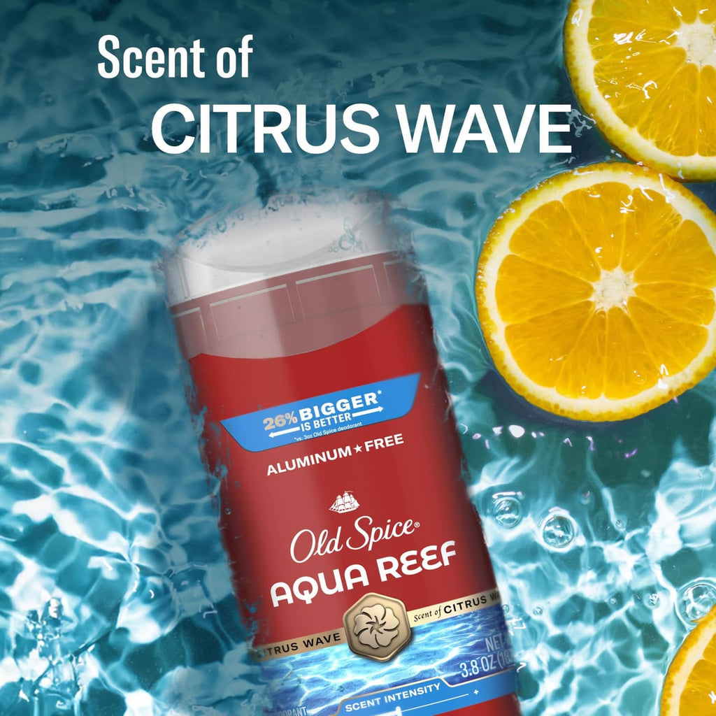 Old Spice Aqua Reef deodorant stick with citrus wave label, red container and clear cap.
