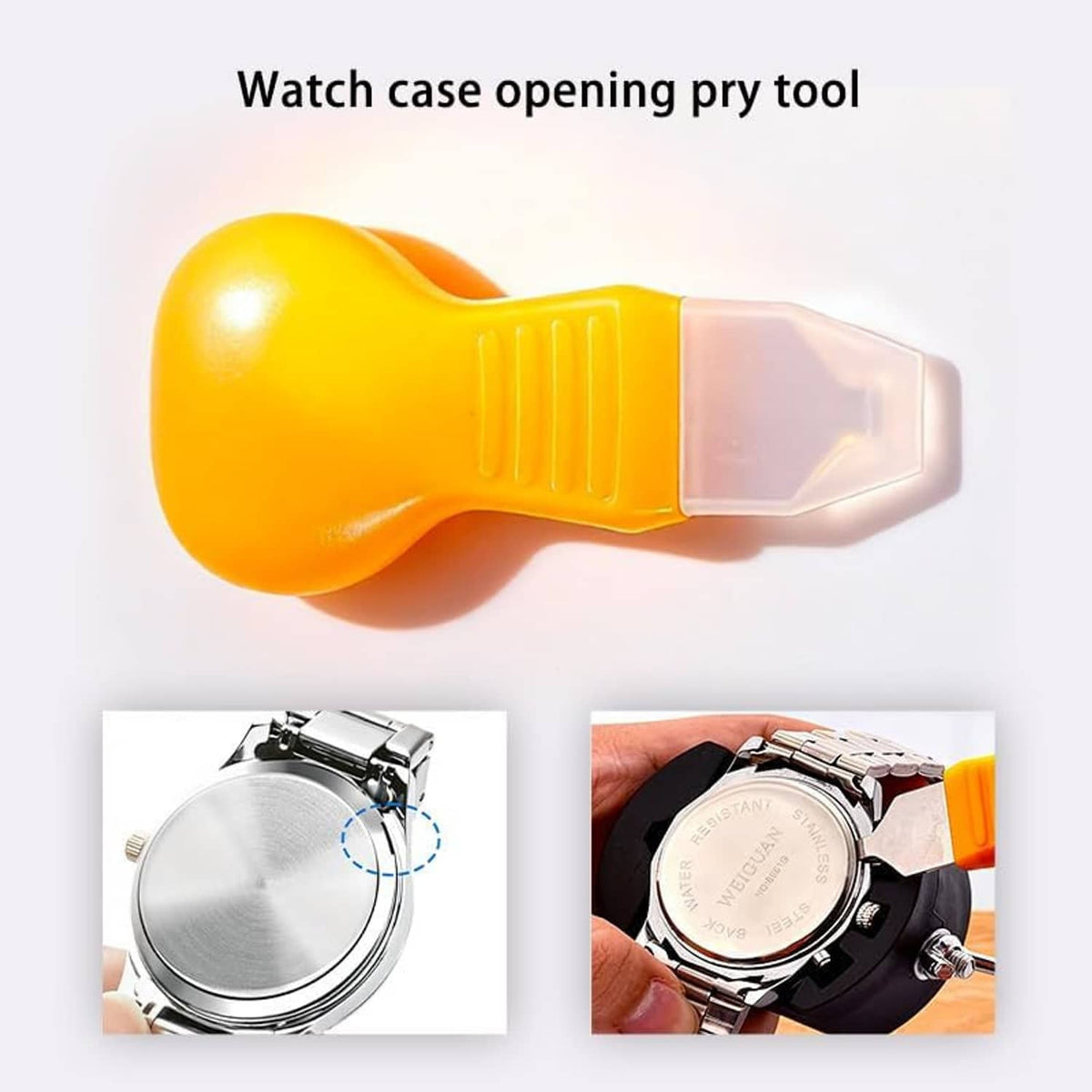 Yellow watch case opening pry tool with examples of opening and swapping the battery