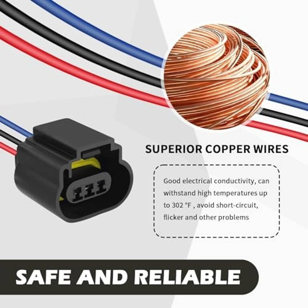 Headlight female socket connector with black housing and bundled copper wire strands