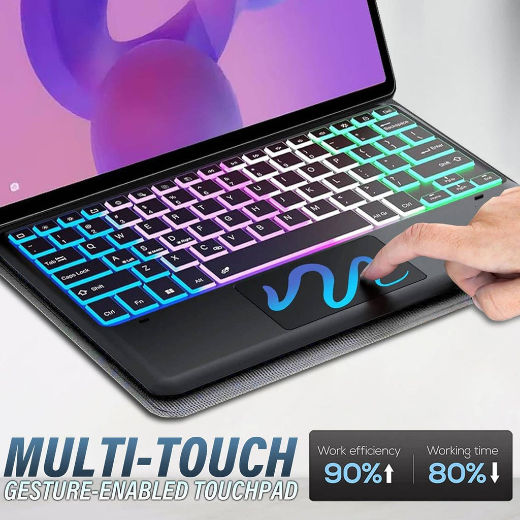 Close-up of RGB backlit keyboard and touchpad on black tablet case