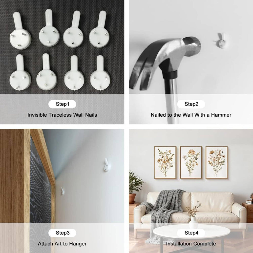 Installation guide with white wall nails and hammer, plus three framed botanical prints