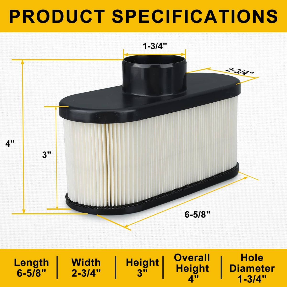 Pleated air filter element with black top cover and measurement-labeled housing