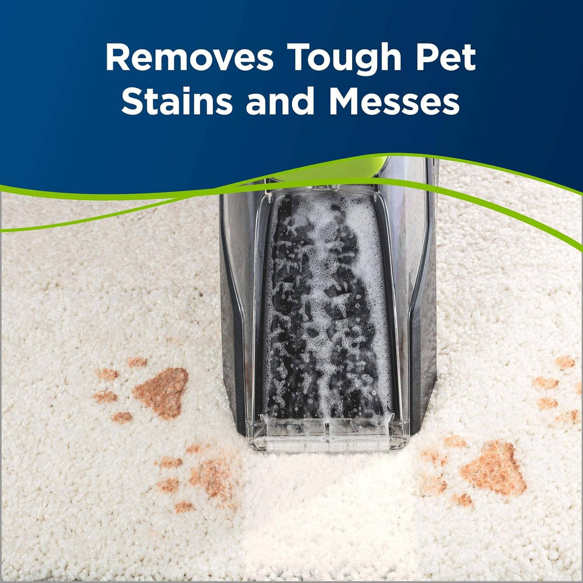 Carpet cleaner concept with nozzle releasing foam over pet stains in light carpet
