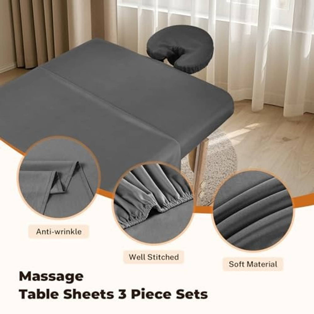Grey massage table sheet set on table with round headrest pillow cover and soft folds