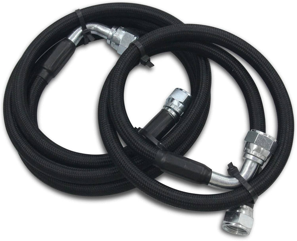 Black braided transmission cooler hose line with metal end fittings and hose clamps