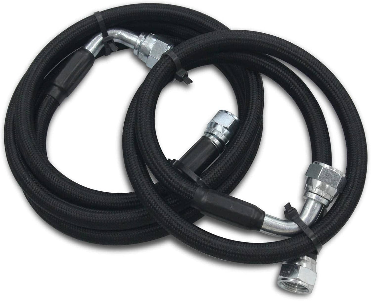 Black braided transmission cooler hose line with metal end fittings and hose clamps