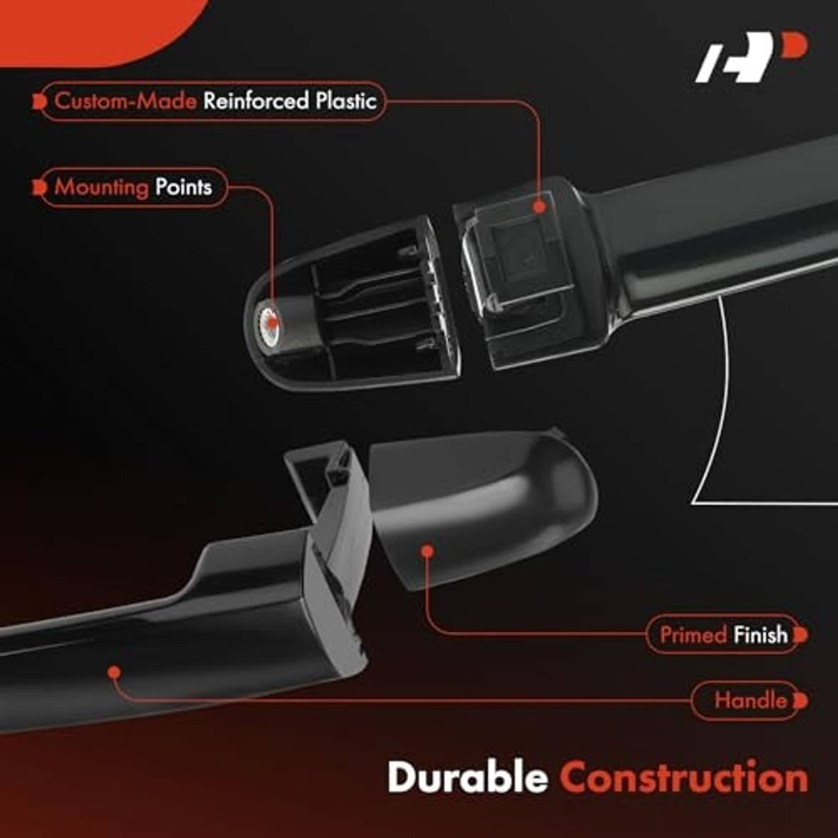 Primed black exterior door handle with visible mounting points and handle arm