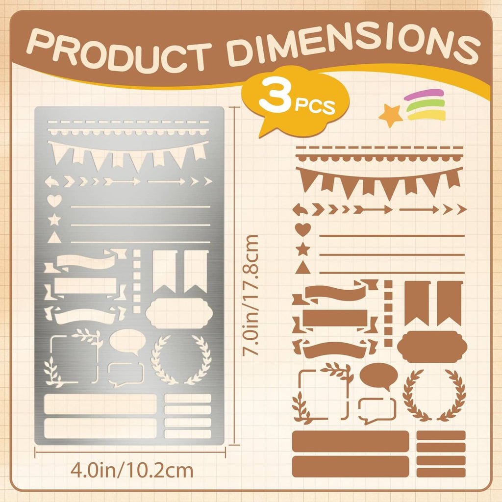 3-piece silver planner stencil set with measurement chart and temple templates layout