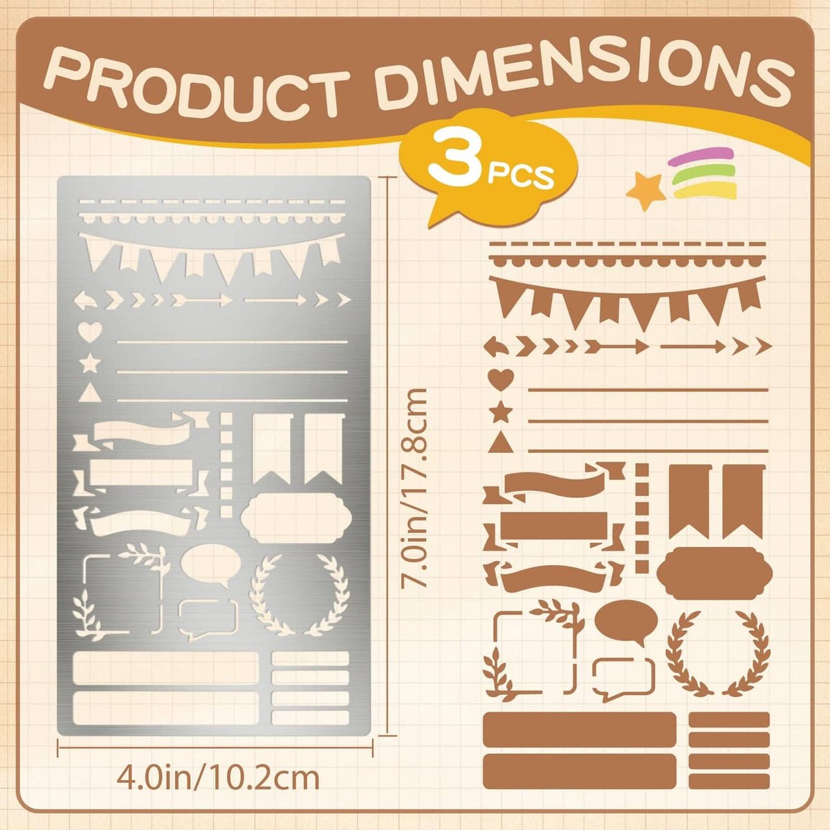 3-piece silver planner stencil set with measurement chart and temple templates layout