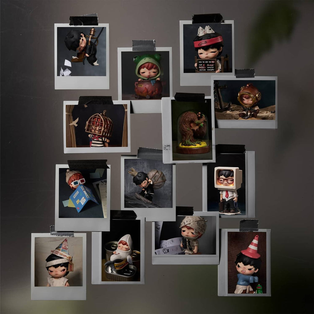 Assorted Hirono tamed blind figure set displayed in photo frames