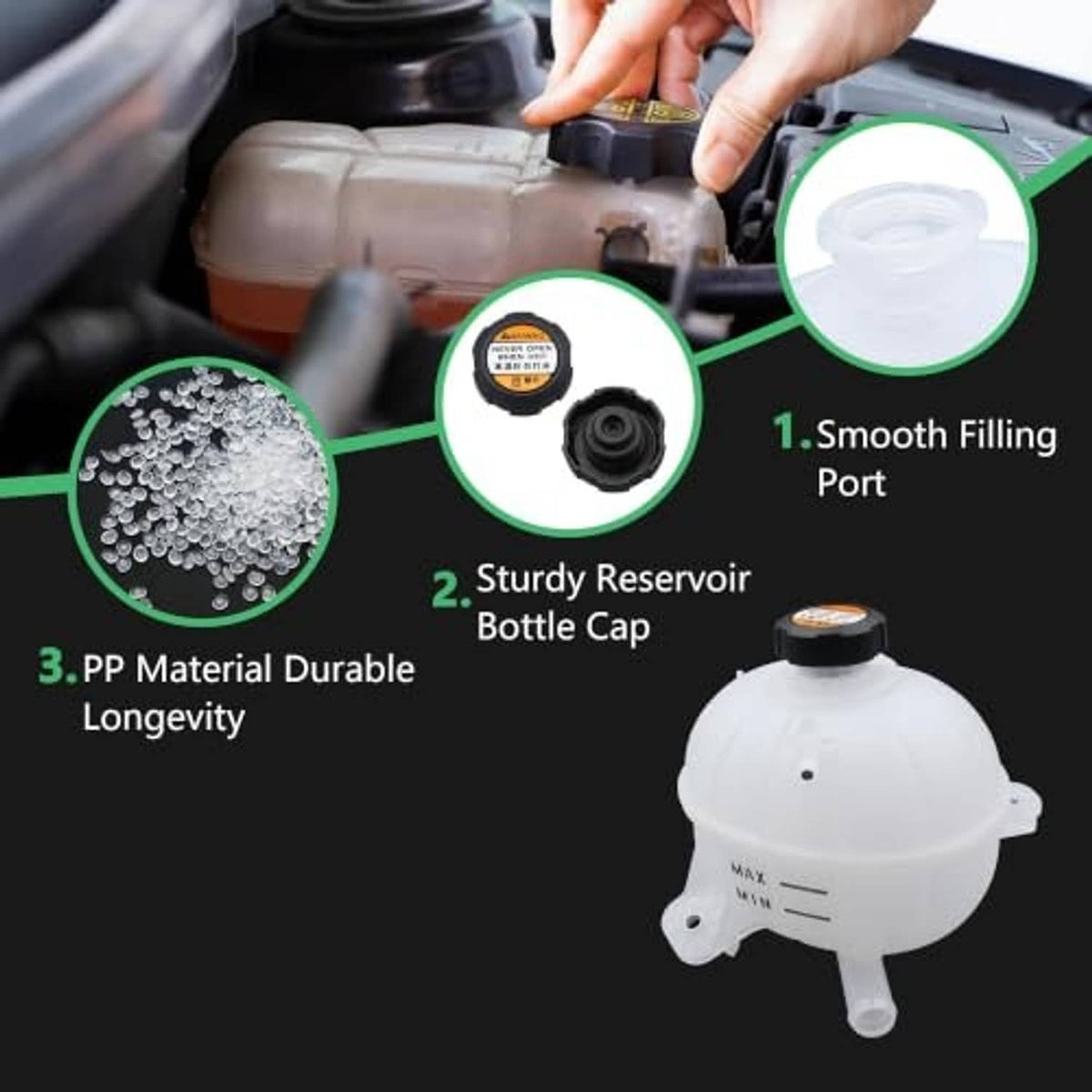 Coolant reservoir overflow tank with black cap, white plastic with port and mounting points