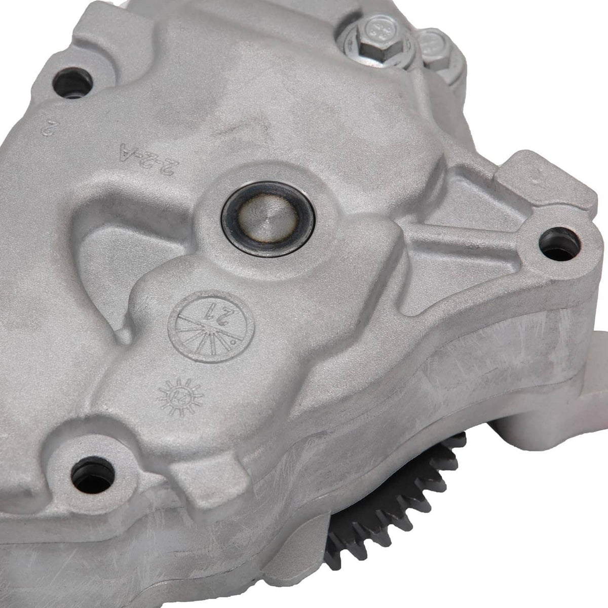 Metal oil pump assembly with black gear and mounting holes