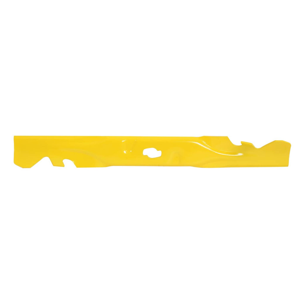 Yellow mulching blade with cutouts and mounting hole