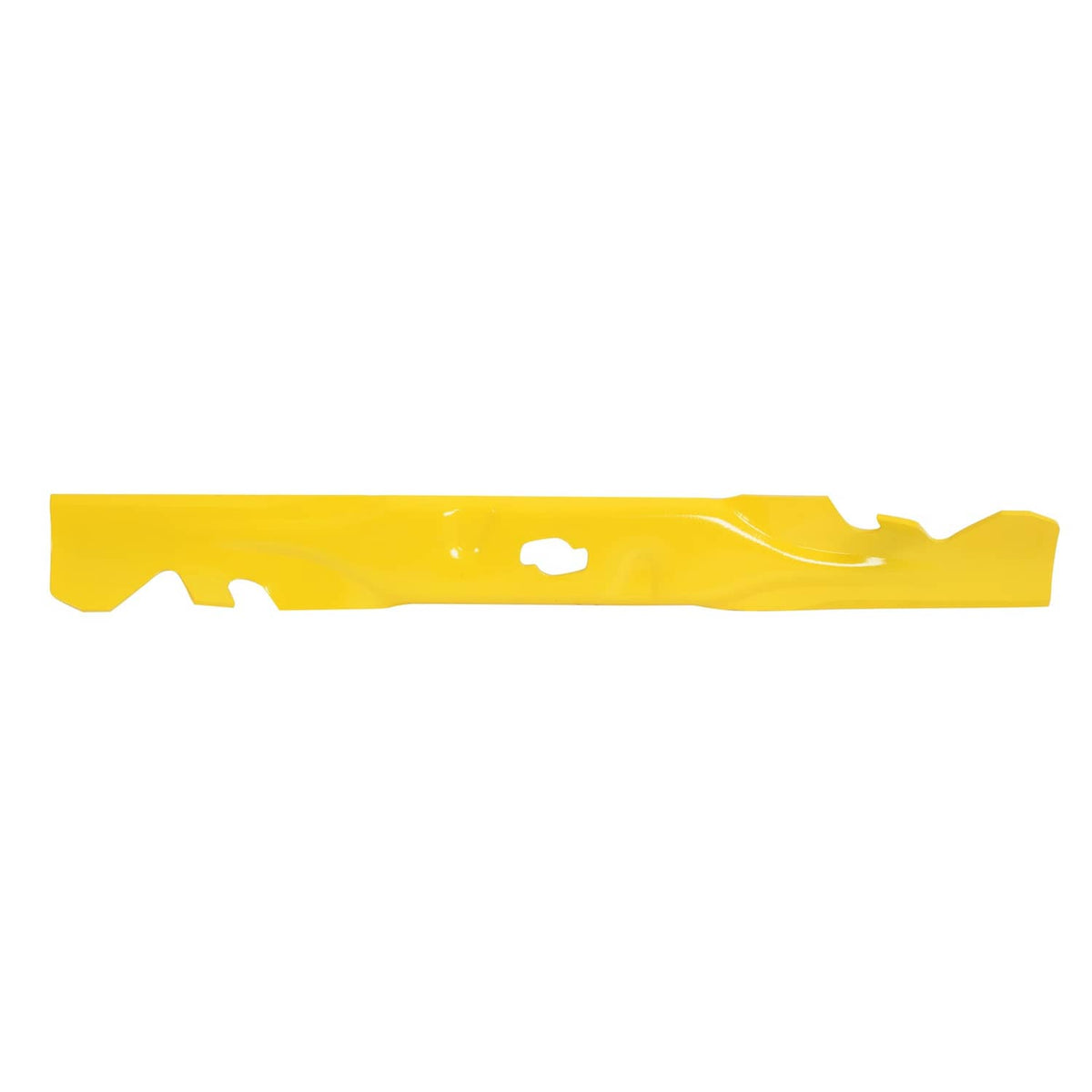 Yellow mulching blade with cutouts and mounting hole
