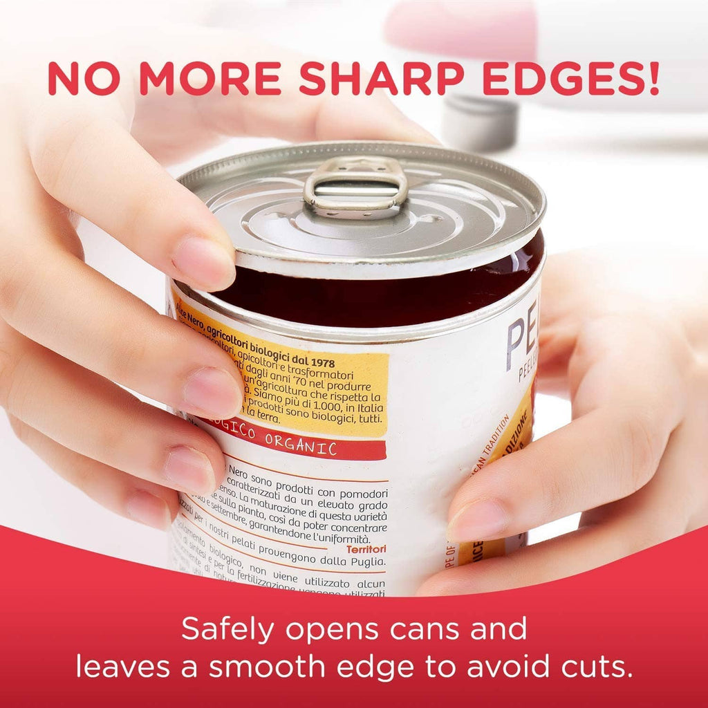 Red-and-white can opener pressing onto a can lid for a smooth cut edge