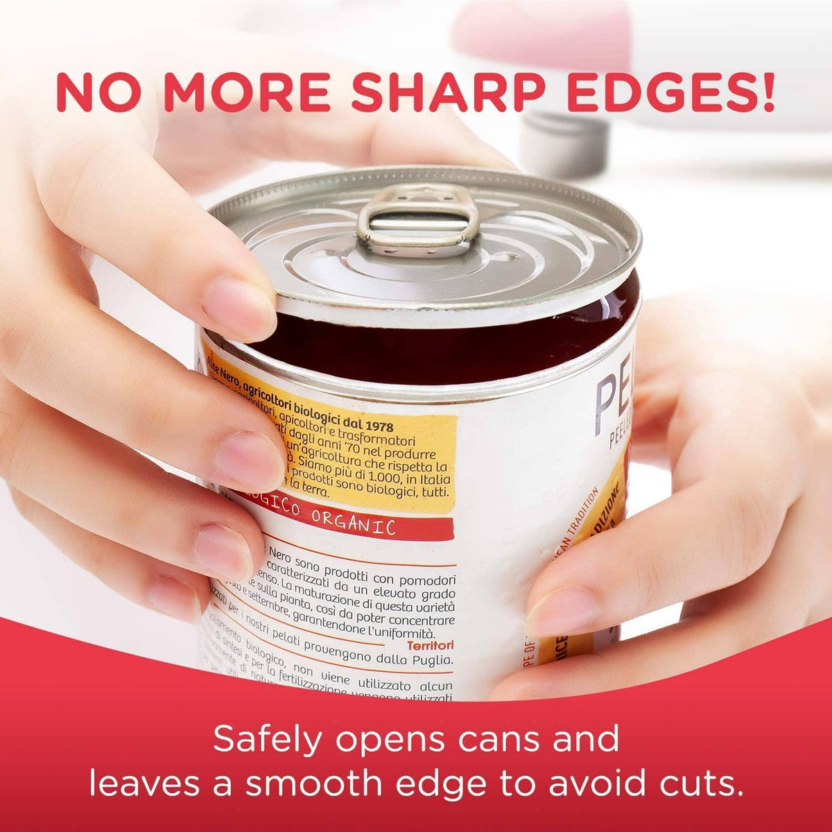 Red-and-white can opener pressing onto a can lid for a smooth cut edge
