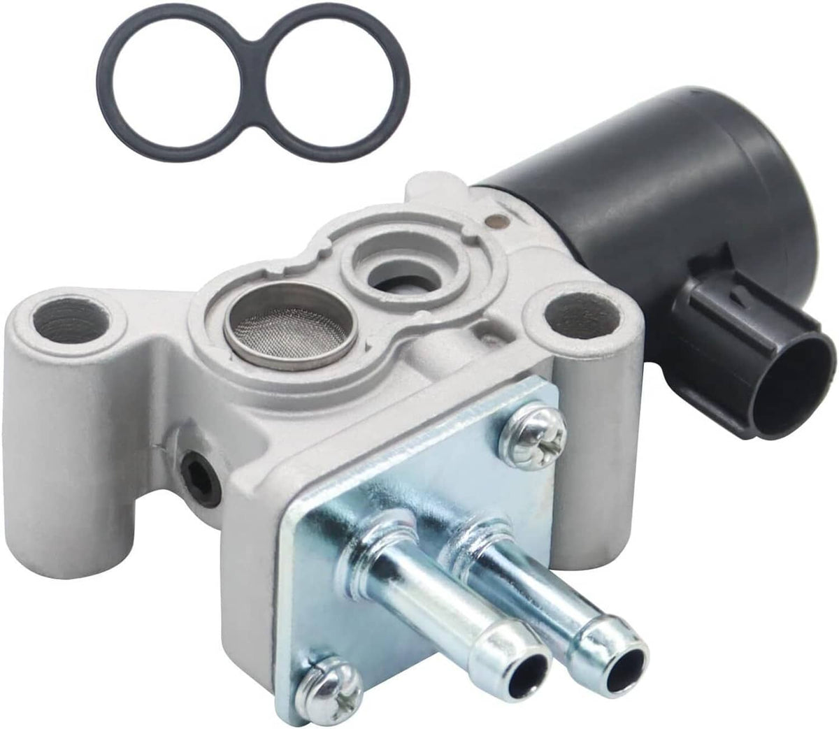 Idle air control valve with black intake housing and metal bracket with ports