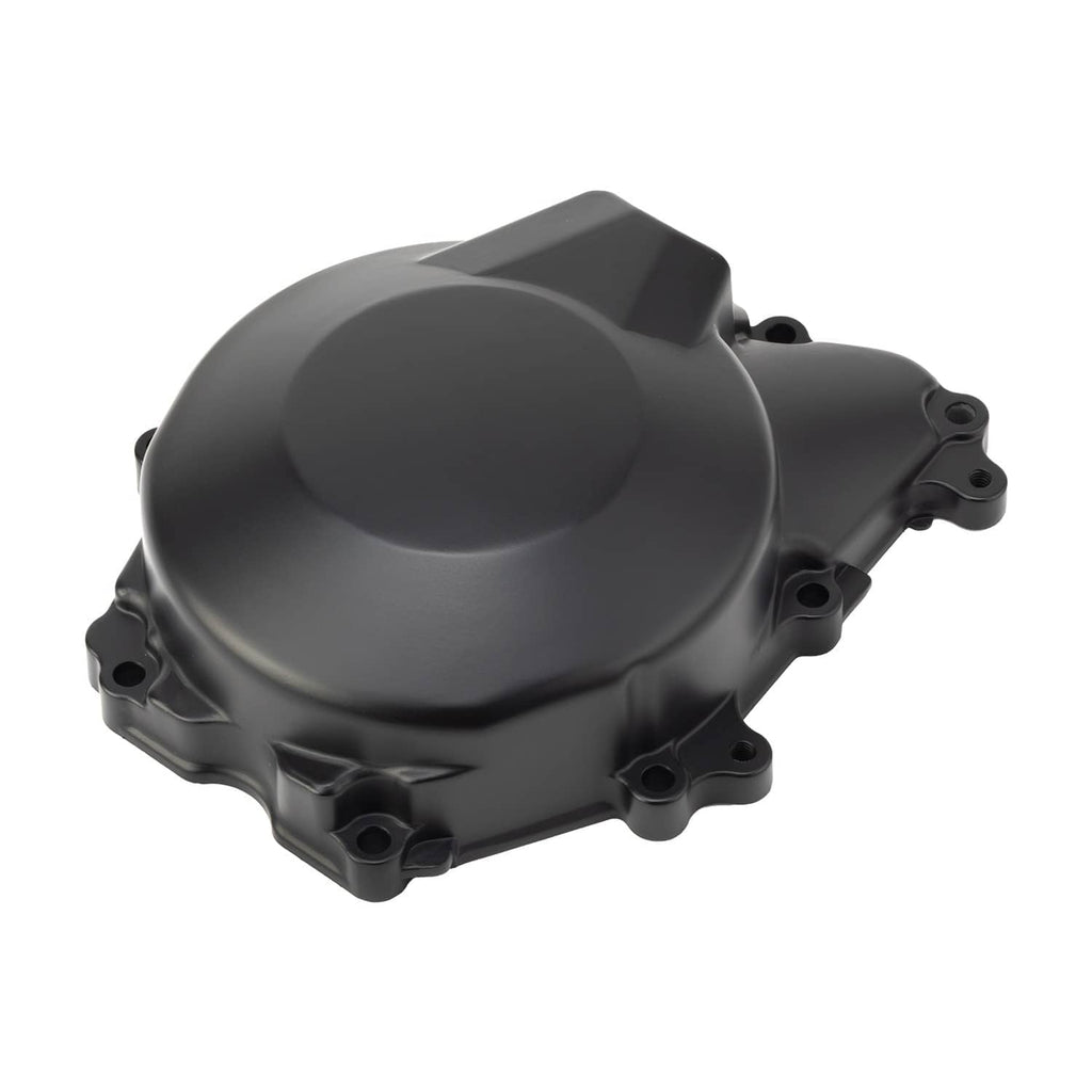 Left engine crankcase stator cover, black aluminum, side profile with mounting tabs