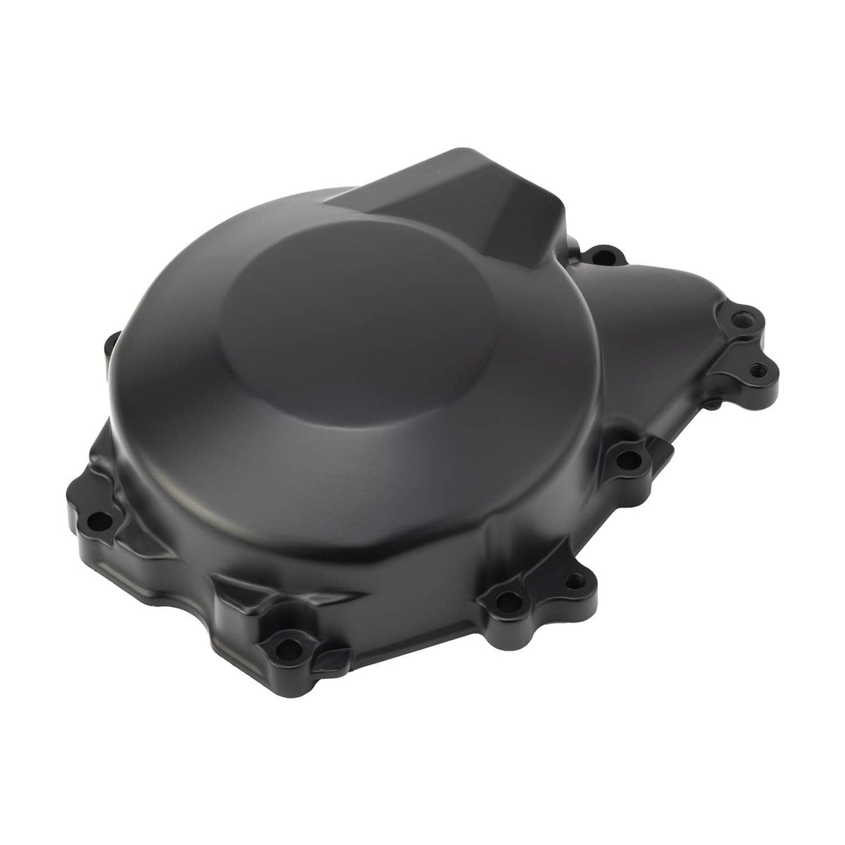 Left engine crankcase stator cover, black aluminum, side profile with mounting tabs