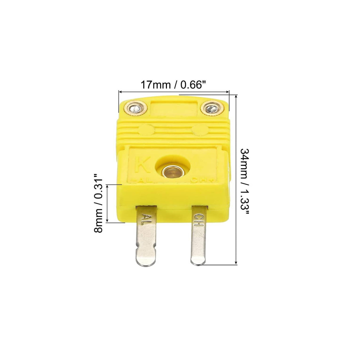 Yellow K-type thermocouple connector with 2 blade terminals; size 17mm x 8mm x 3mm