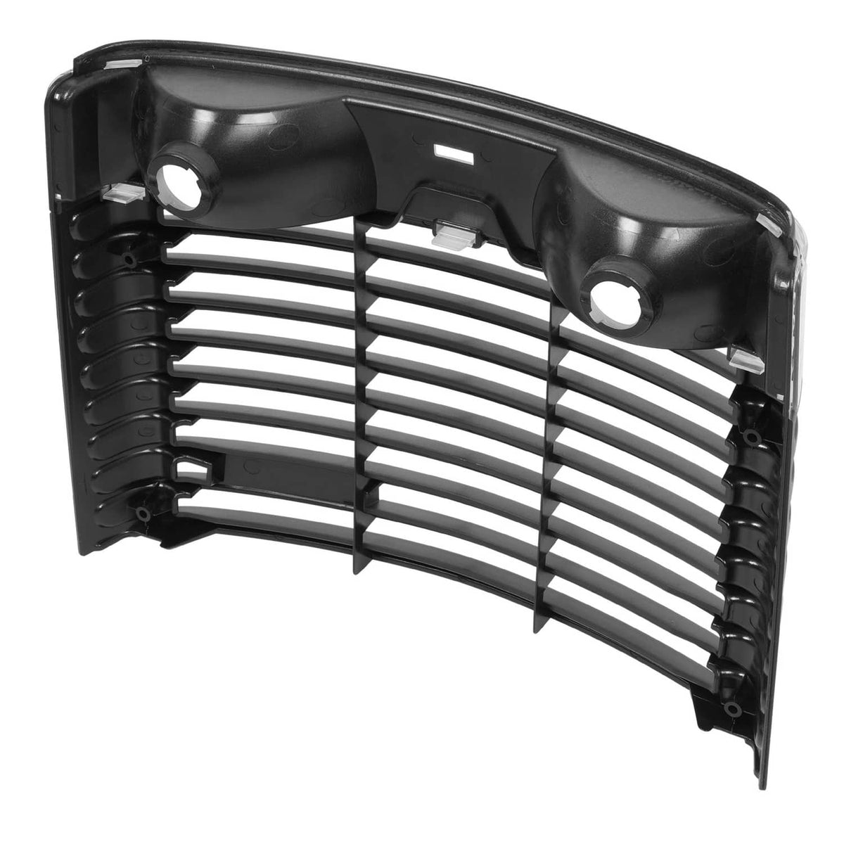 Front hood grille with black curved frame, slats, and three visible mounting points