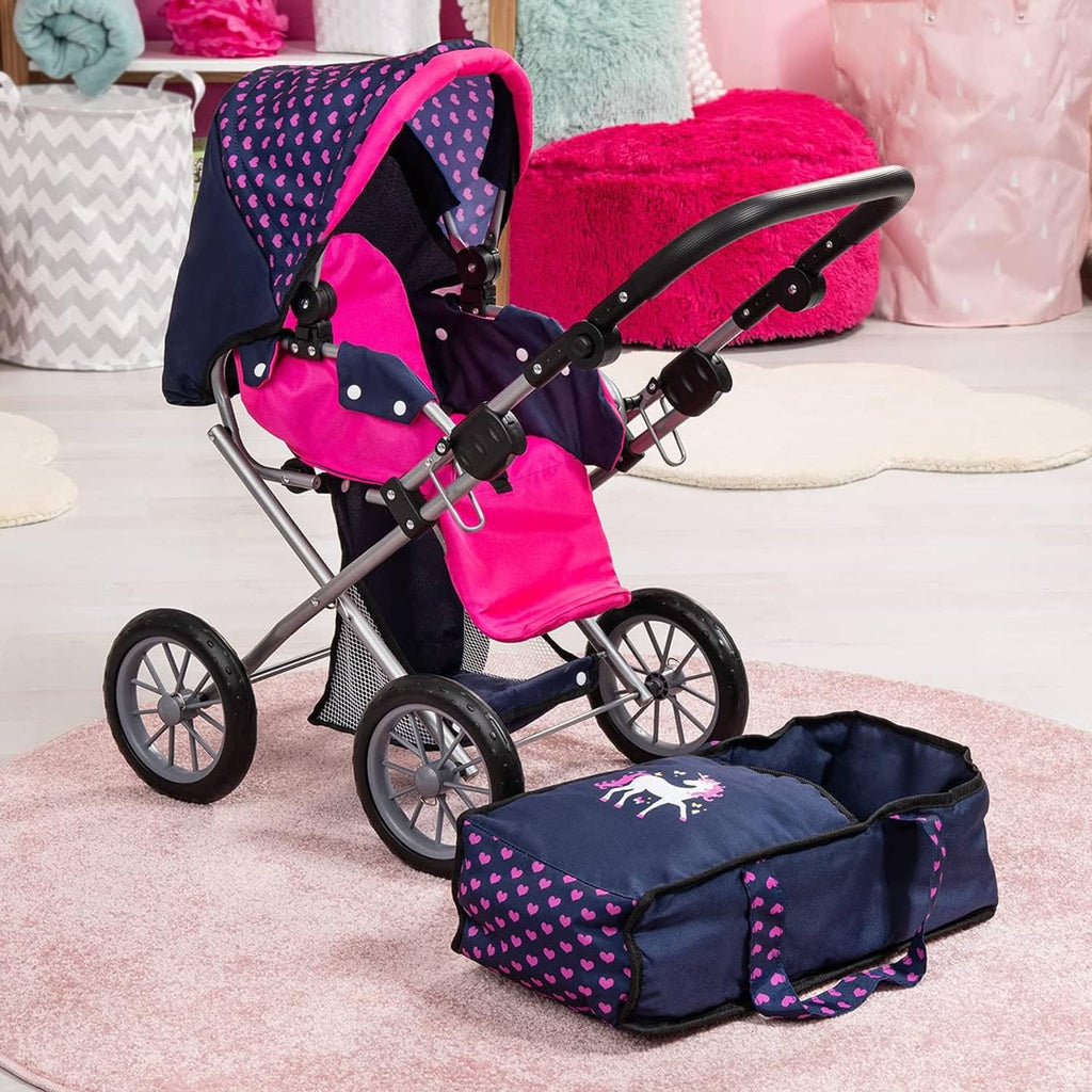 Navy and hot pink doll stroller with heart print canopy and matching storage tray