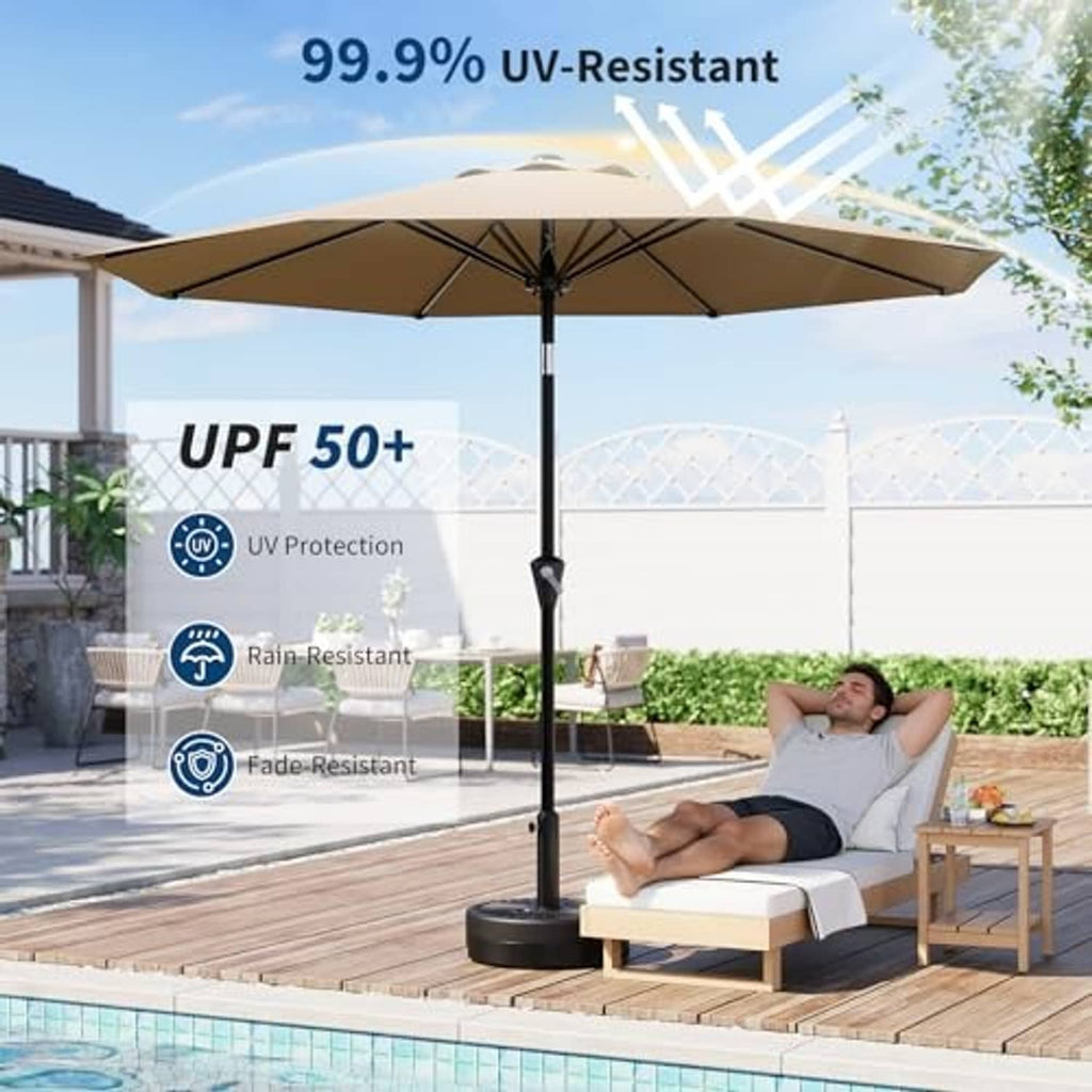 Tan outdoor patio umbrella with octagonal canopy and black pole, UPF 50+ protection