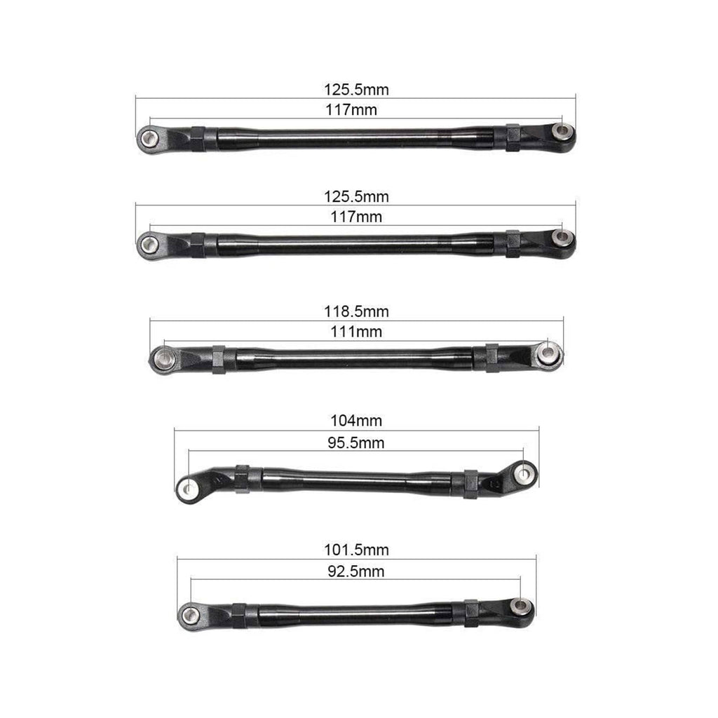 Black adjustable rod linkage bars with silver eyelets shown with length measurements