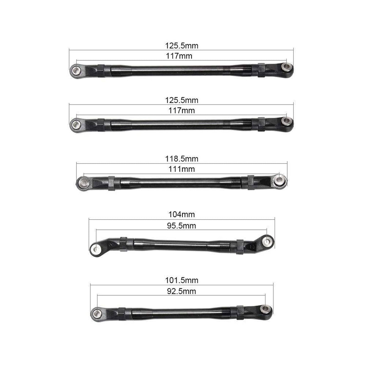 Black adjustable rod linkage bars with silver eyelets shown with length measurements