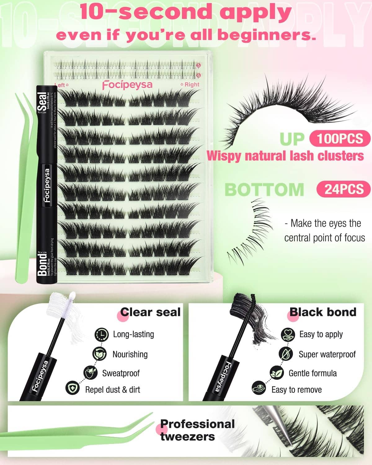 Fox-eye lash kit with wisp natural cluster strips, clear seal, and black bond