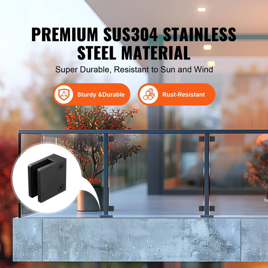 Black square glass clamp bracket for securing glass panels