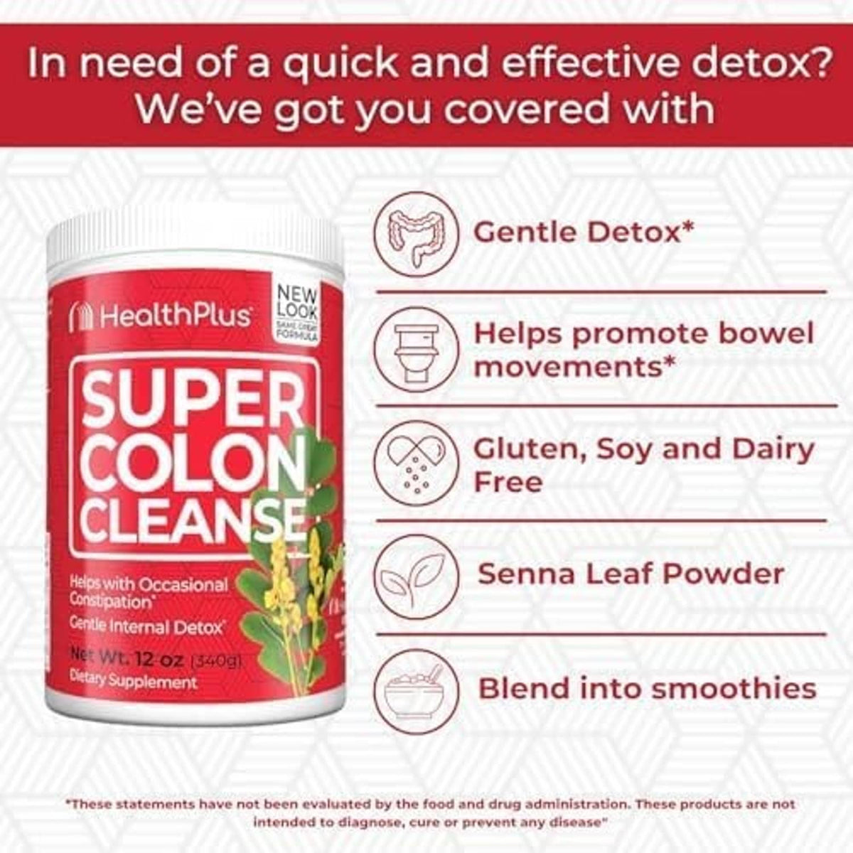 Super Colon Cleanse supplement bottle shown with red label and gentle detox icons