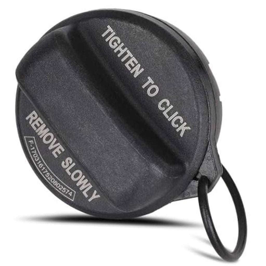 Black fuel filler cap with tether ring, text 'TIGHTEN TO CLICK' on top