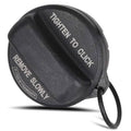 Black fuel filler cap with tether ring, text 'TIGHTEN TO CLICK' on top