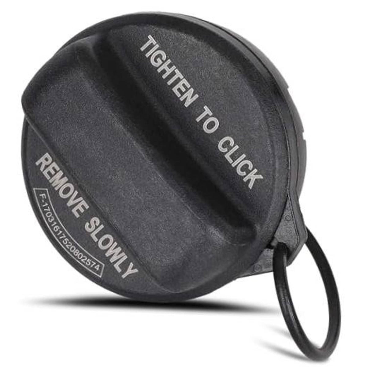 Black fuel filler cap with tether ring, text 'TIGHTEN TO CLICK' on top