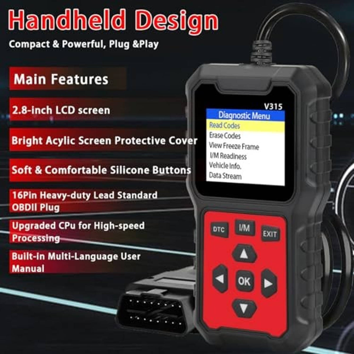 Compact handheld OBD2 scanner with 2.8-inch screen, silicone buttons, and OBD plug