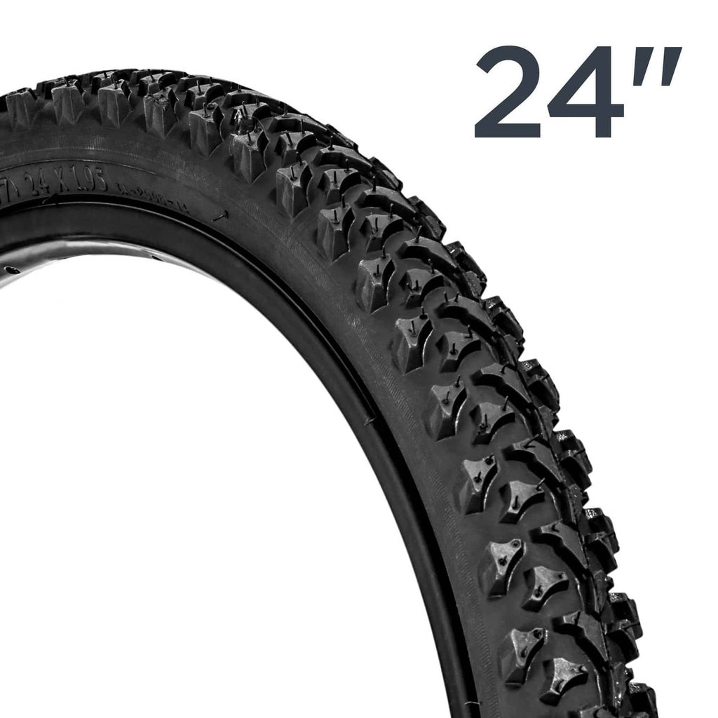 Black mountain bike tire with deep tread lugs and traction pattern