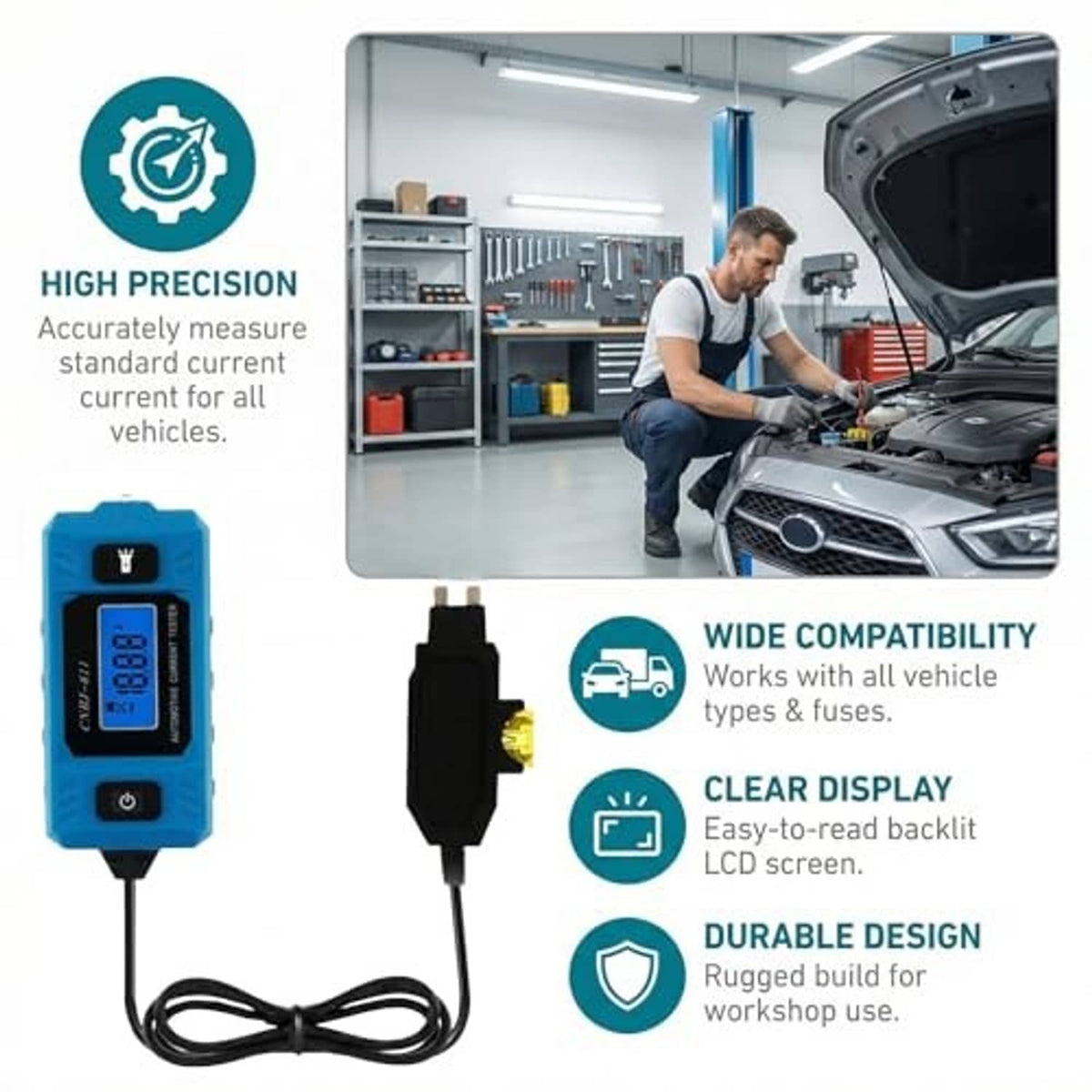 Blue car circuit tester with LCD display, rugged lead cable, and adapter plug