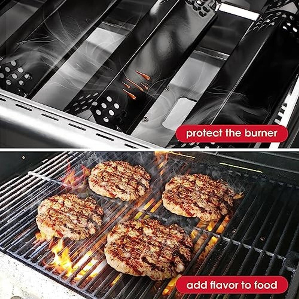 Grill burner covers installed under grates, perforated panels over burner area