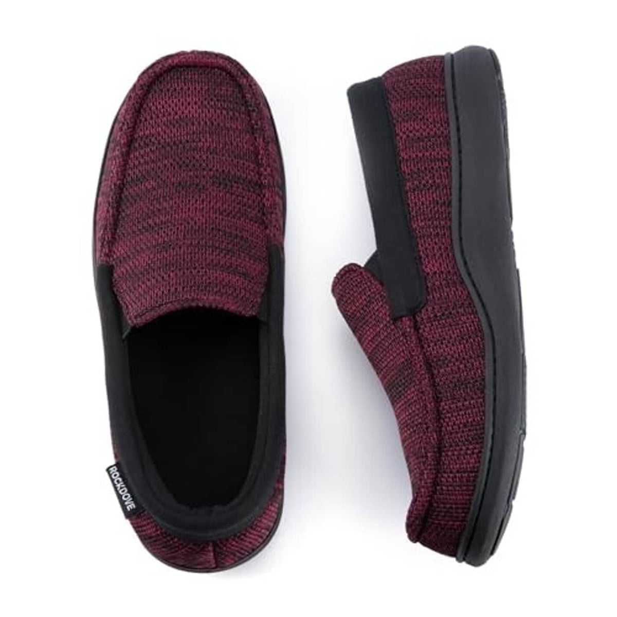 Burgundy tweed moc slipper with padded collar and black rubber sole edge