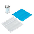 Vinyl pool liner repair kit with blue and white patch sheets and adhesive can