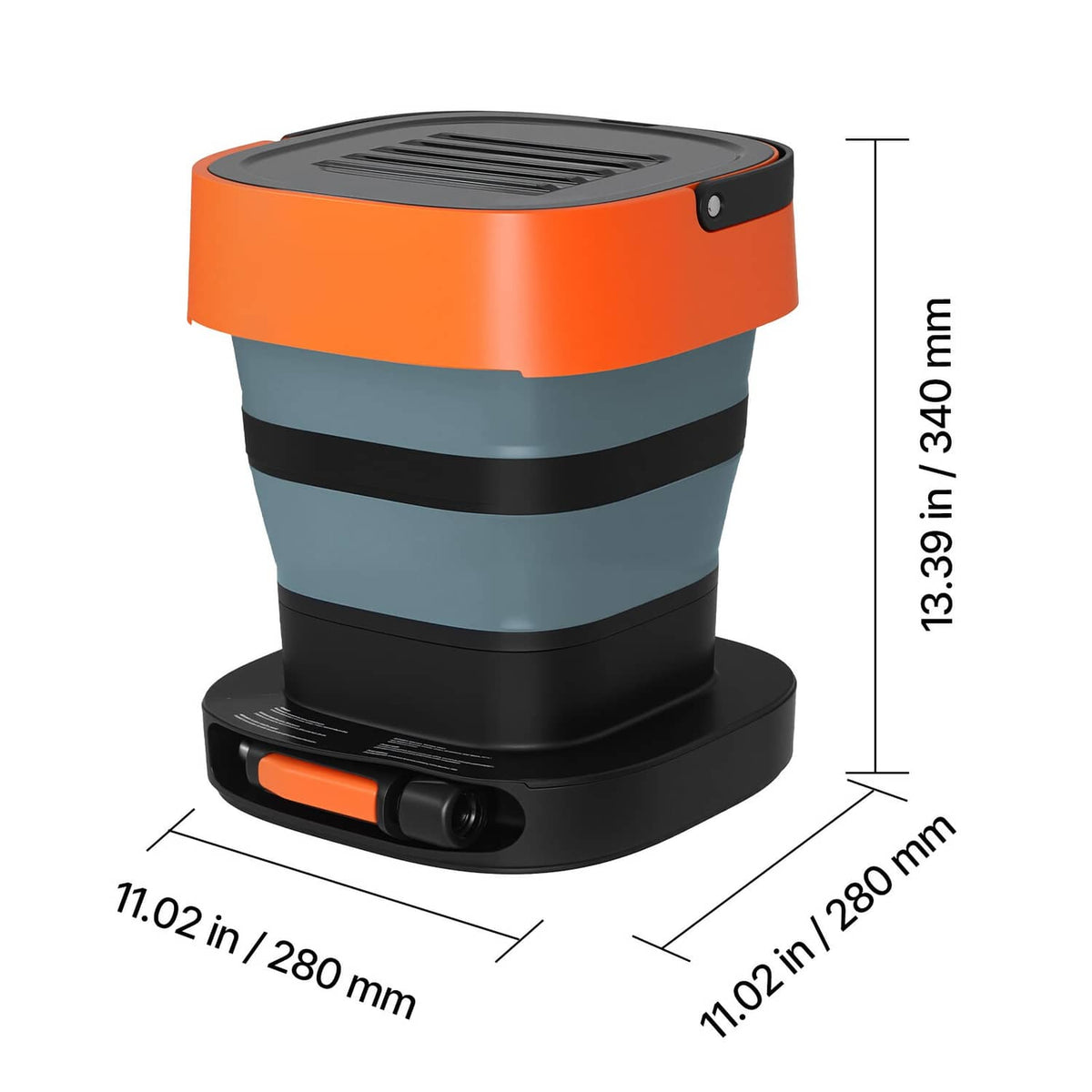 Portable cordless pressure washer dimensions: orange top, gray stripes, black base and handle