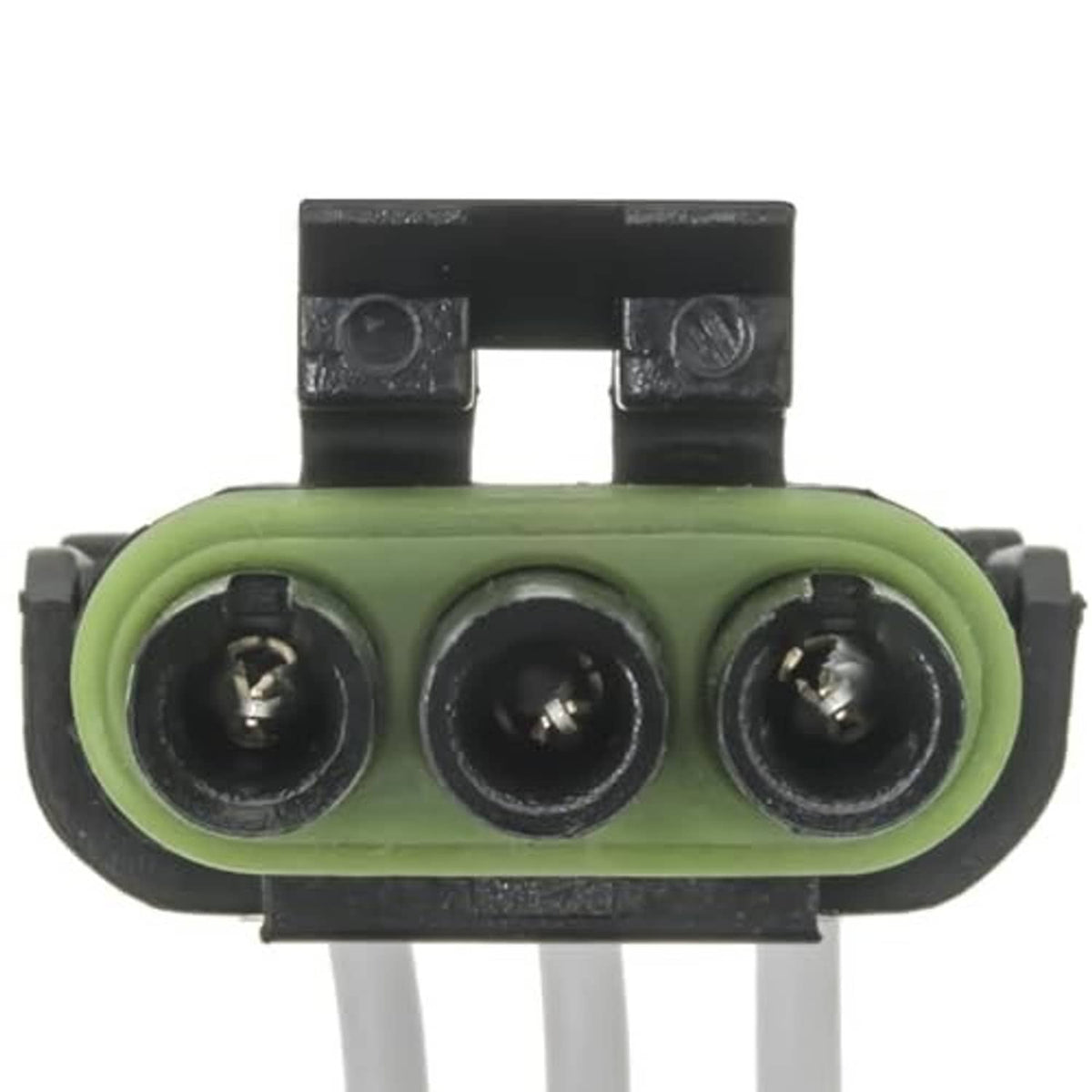 Green three-hole connector face with three black terminals and mounting ears