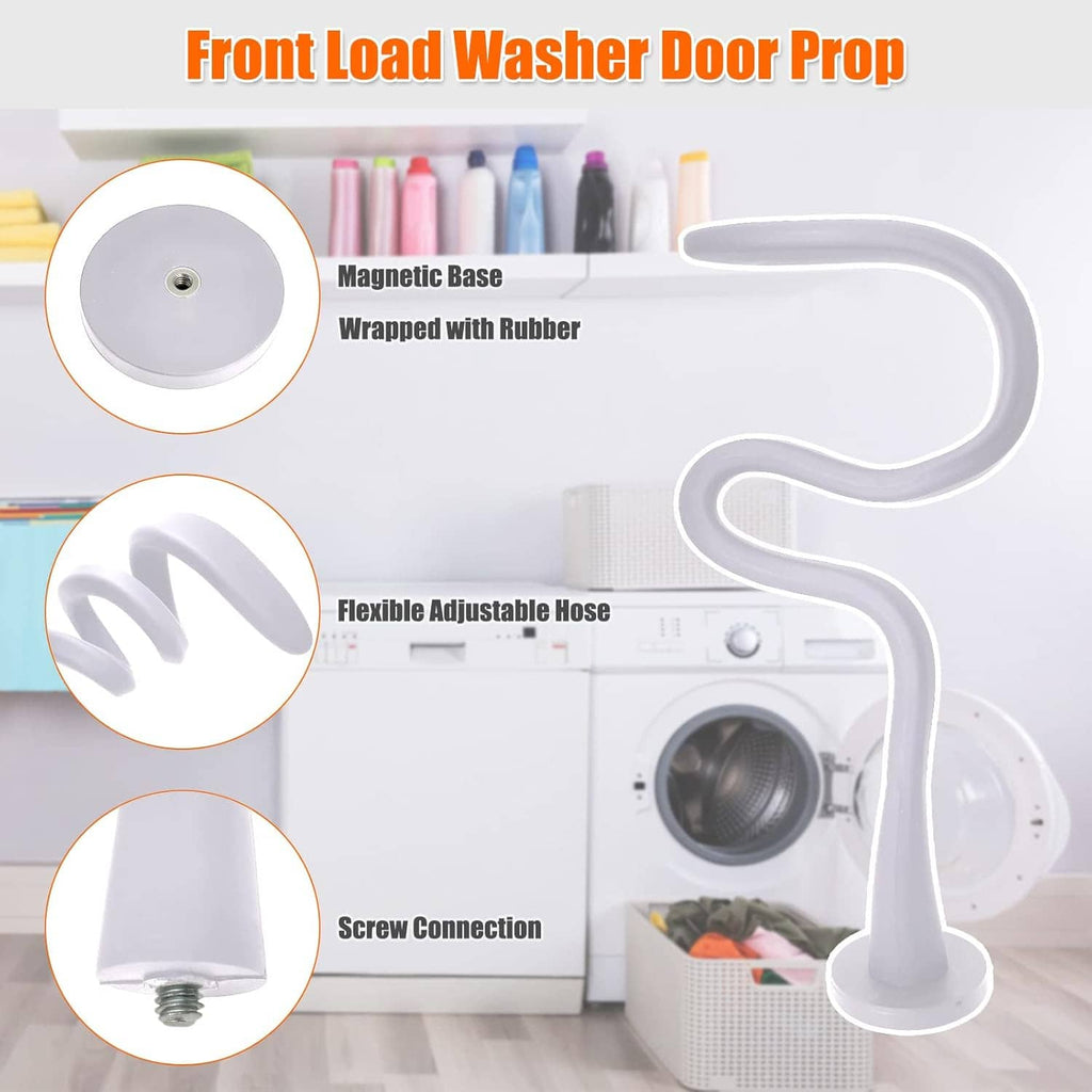 Front load washer door prop with long adjustable white hose and magnetic base