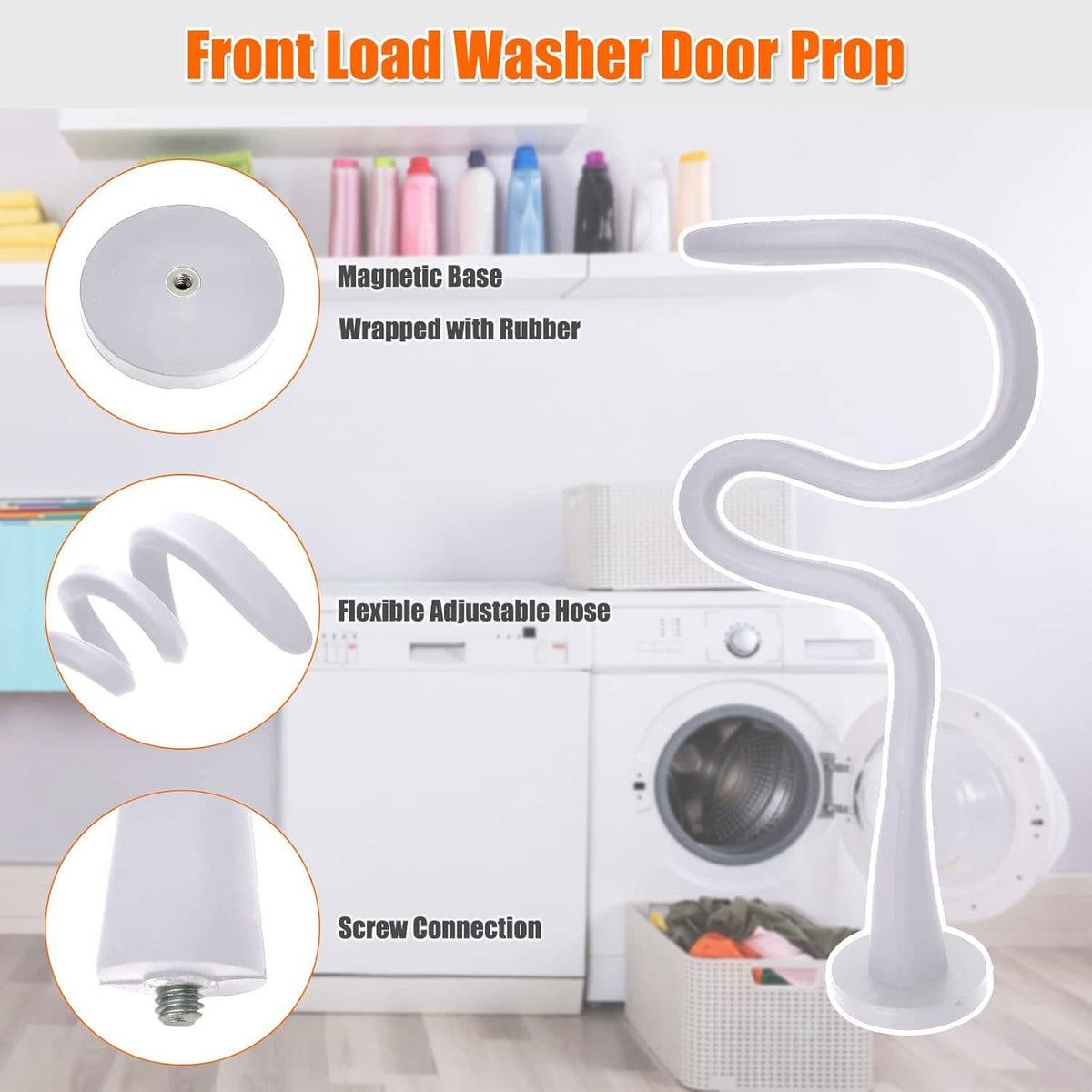 Front load washer door prop with long adjustable white hose and magnetic base