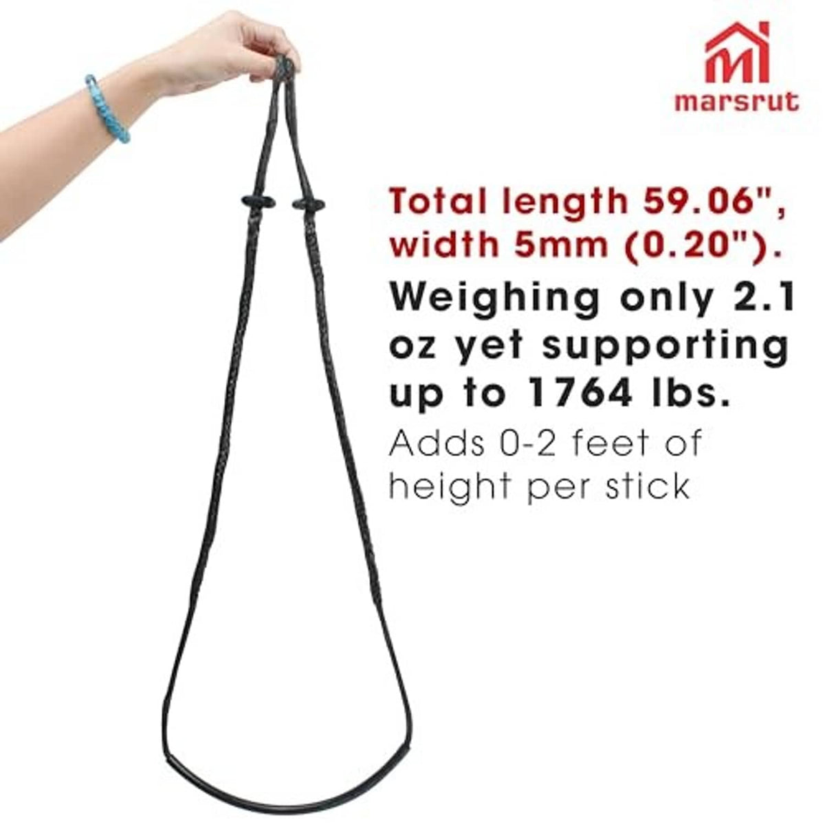Black rope climbing aide with two U-step loops and metal connectors, in hand