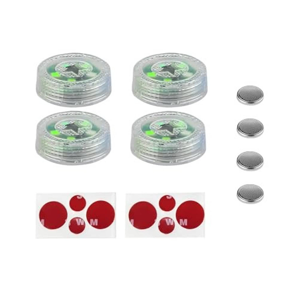 Four green LED warning light bases with three metal button remotes