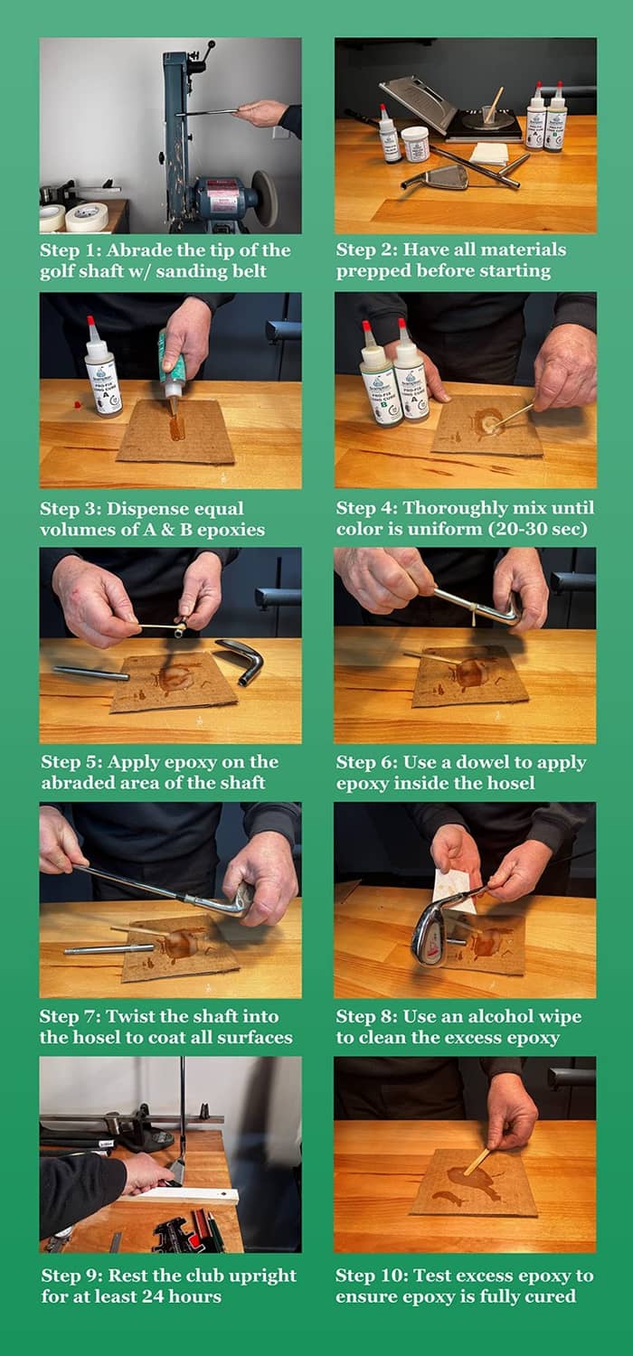 Instruction infographic showing steps with epoxy bottles and golf club prep