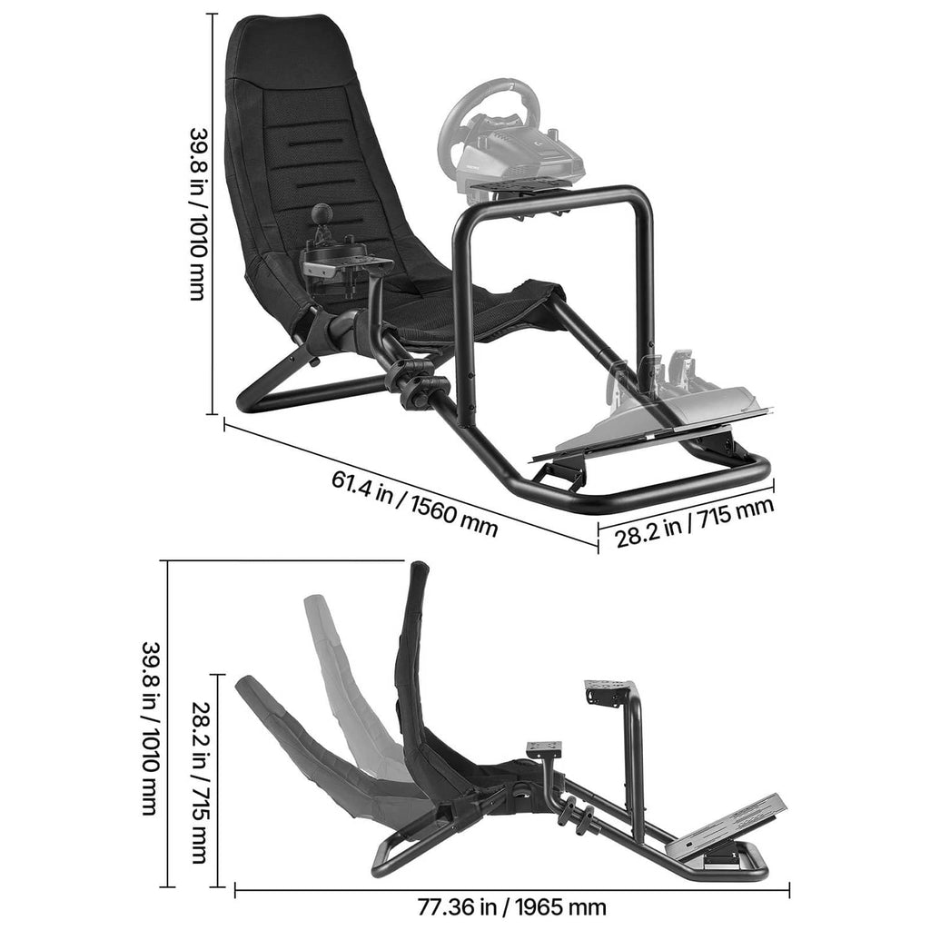 Black racing wheel stand with reclining seat and pedal platform with size measurements.