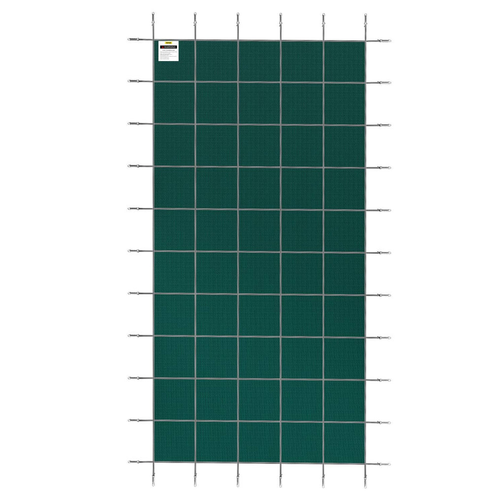 Rectangular dark green pool safety cover panel with reinforced mesh grid